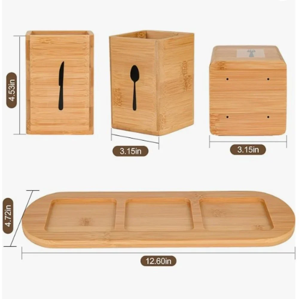 4 pc - Silverware Caddy - Natural Bamboo Flatware Holders w/ Tray